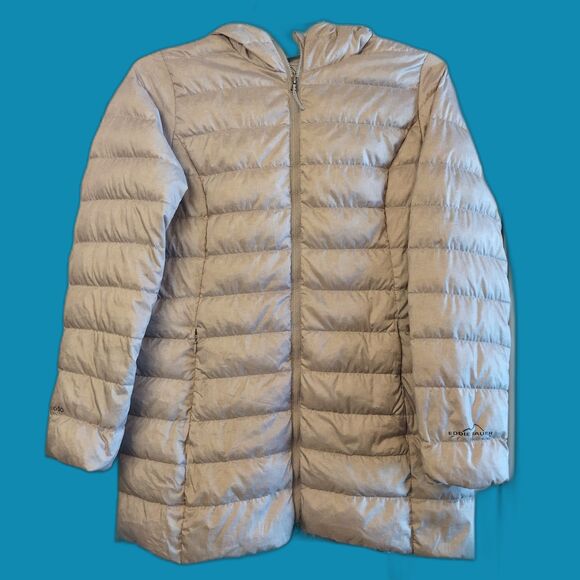Eddie Bauer Womens Packable Down Winter Coat M Beige Hooded Puffer Parka - Picture 1 of 10